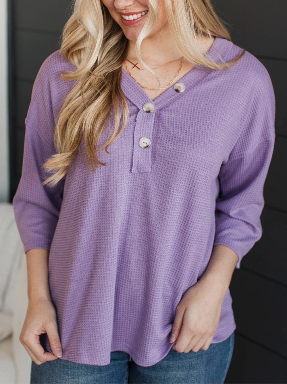 ANDREE BY UNIT deep blush/purple Waffle Knit Henley Top, size L